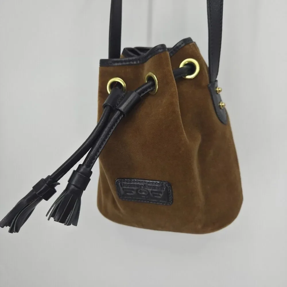 Vintage Dooney & Bourke Brown Velvet Drawstring Bucket Bag Black Leather Trim